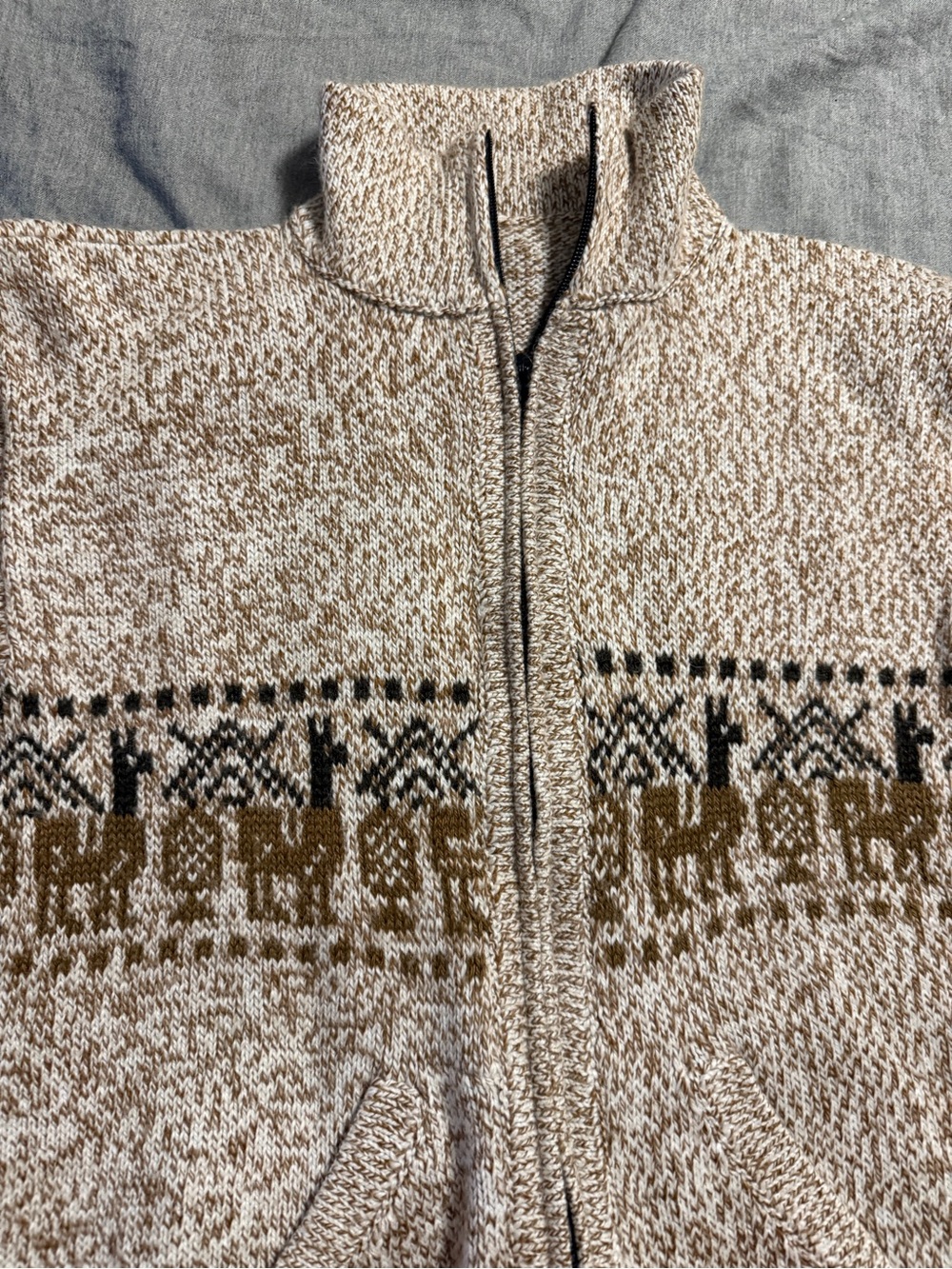 Boys Alpaca Brown and Cream Zip-Front Andean Sweater